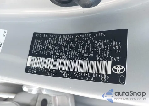 2025 Toyota Corolla Le z USA, uszkodzony, nr VIN 5YFB4MDE2SP234045